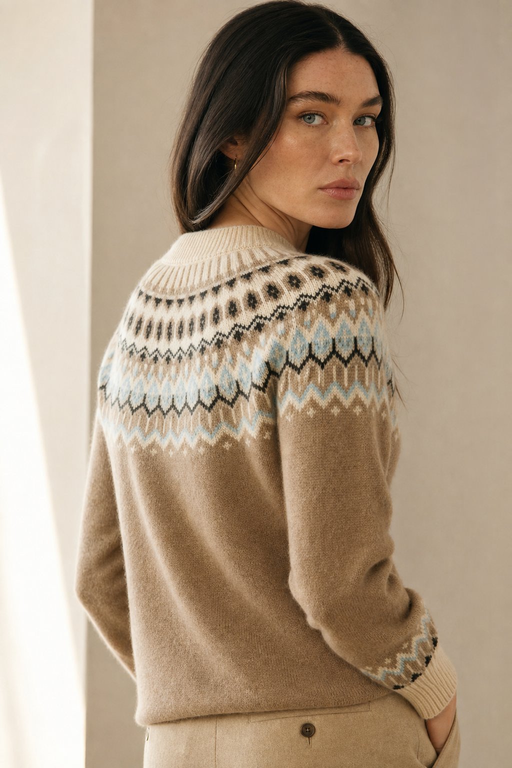 Carly Womens Fair Isle Cashmere Sweater with Mock Neck