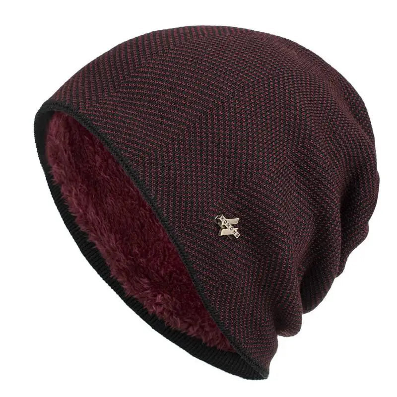 Sean Unisex Herringbone Knit Beanie with Faux Fur Lining in Burgundy
