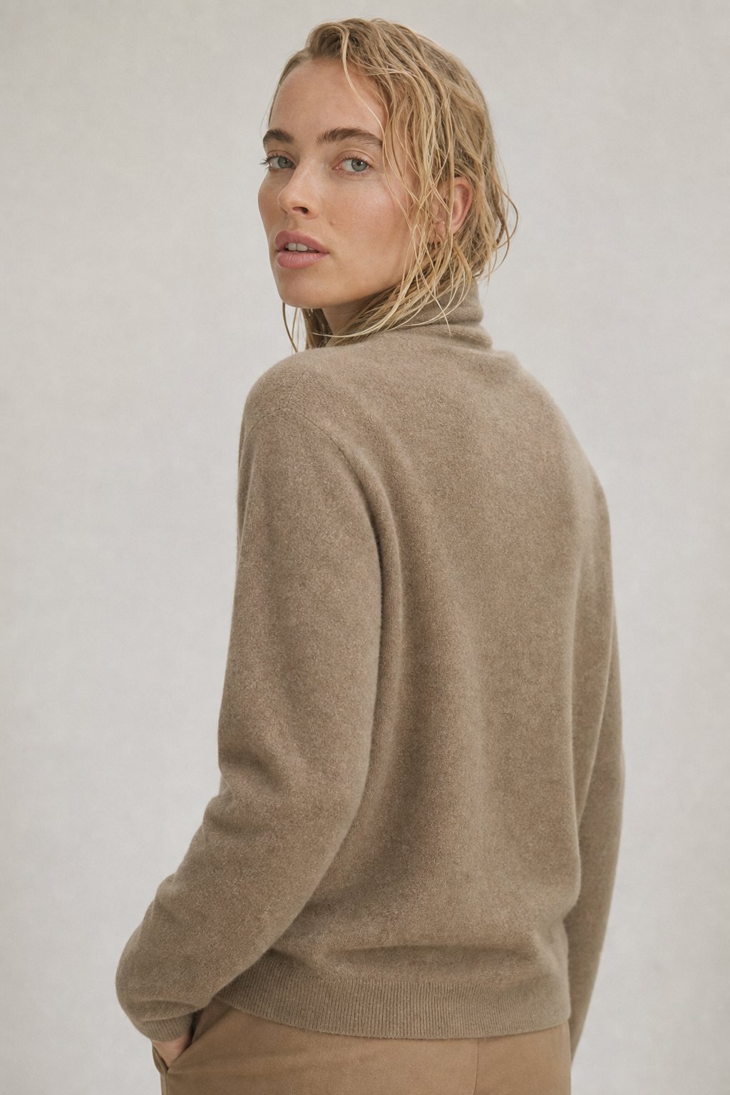 Wendy Womens V-Neck Wrap Sweater in Cashmere Knit in Camel