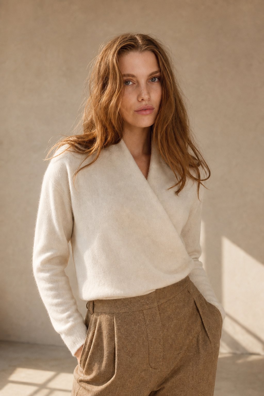 Wendy Womens V-Neck Wrap Sweater in Cashmere Knit