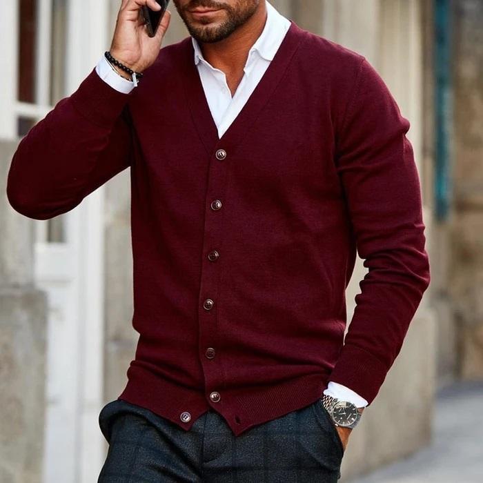 Joel Mens Cardigan Sweater with V-Neck and Buttons in Dark Red