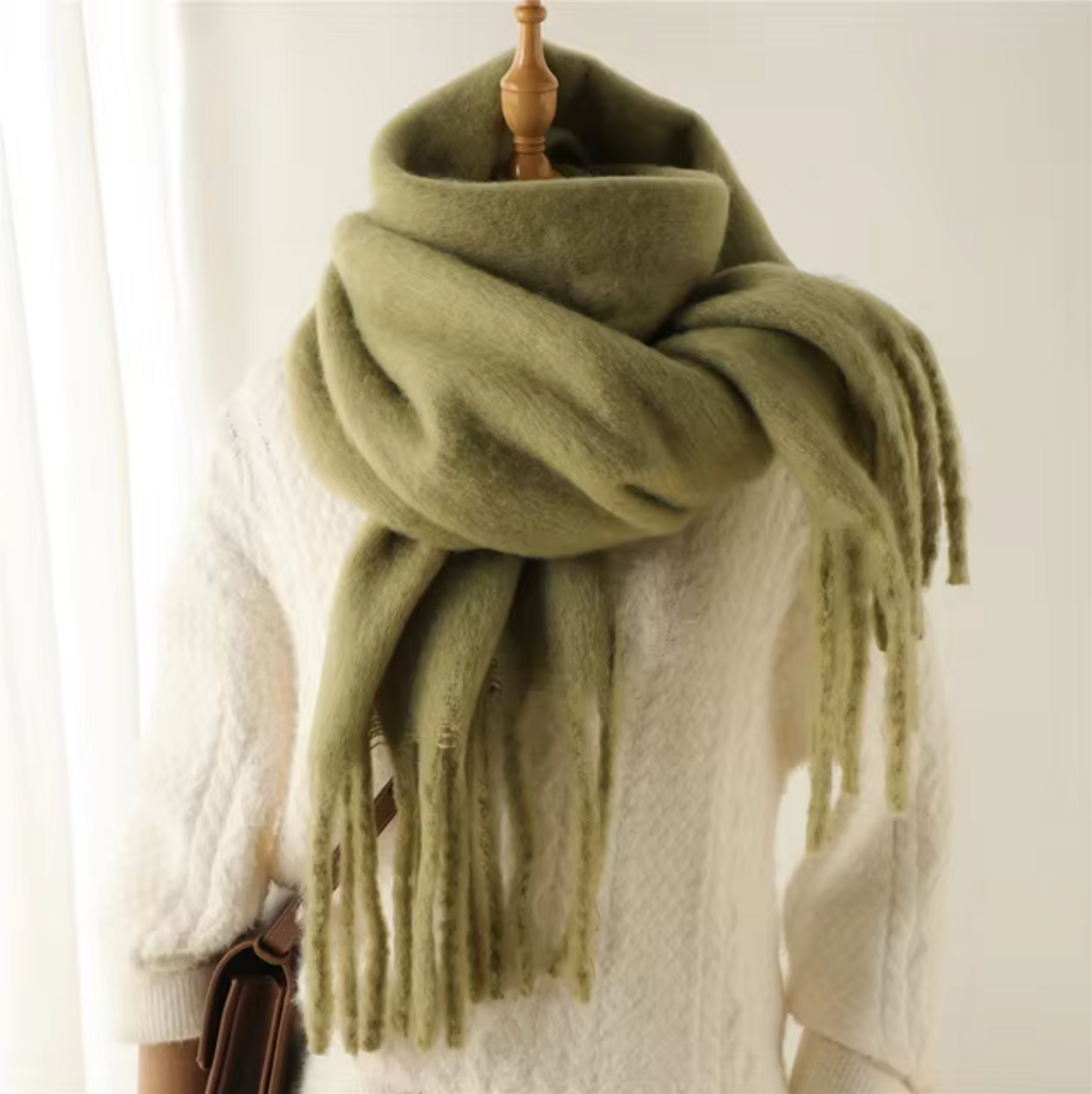Elyra Womens Pashmina Scarf with Long Tassels in Army Green