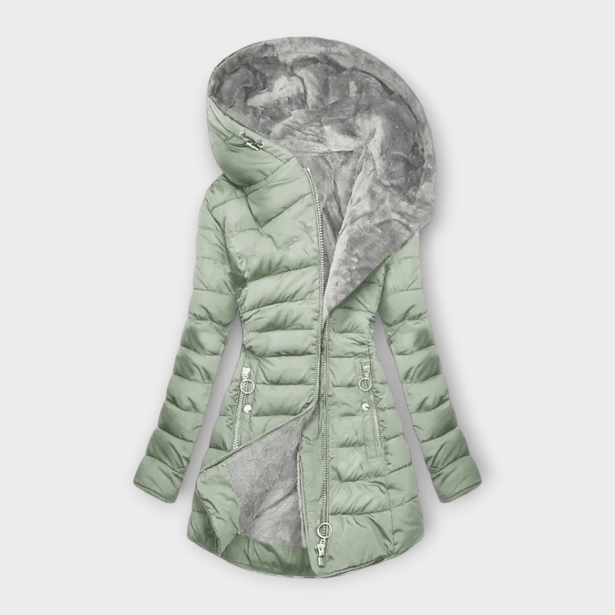 Rosalyneh Womens Winter Jacket with Zipper and Pockets in Light Green