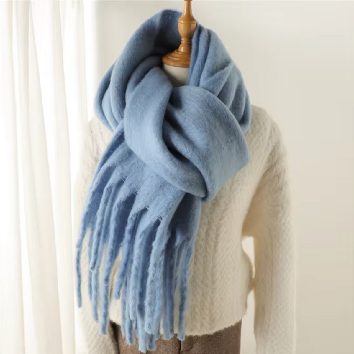 Elyra Womens Pashmina Scarf with Long Tassels in Light Blue