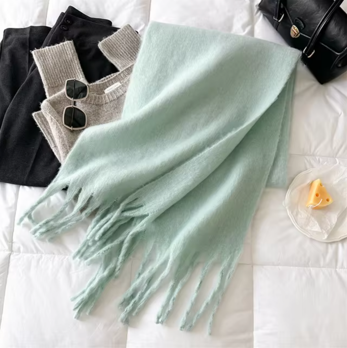 Elyra Womens Pashmina Scarf with Long Tassels in Light Green
