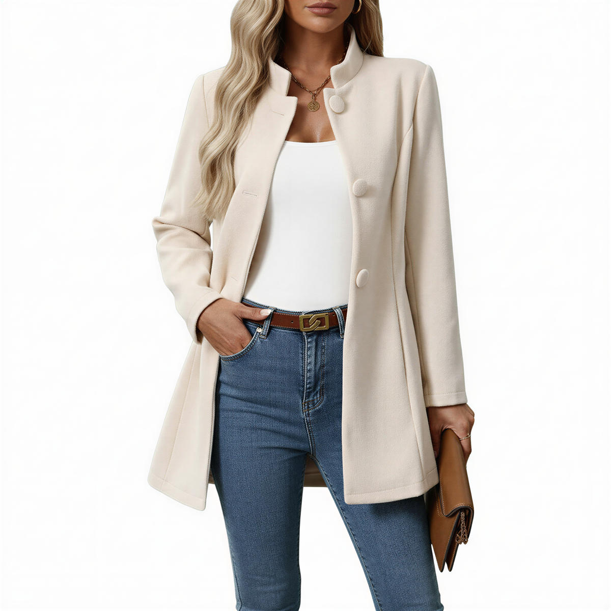Hallie Womens Button-Down A-Line Coat with Stand Collar in Cream