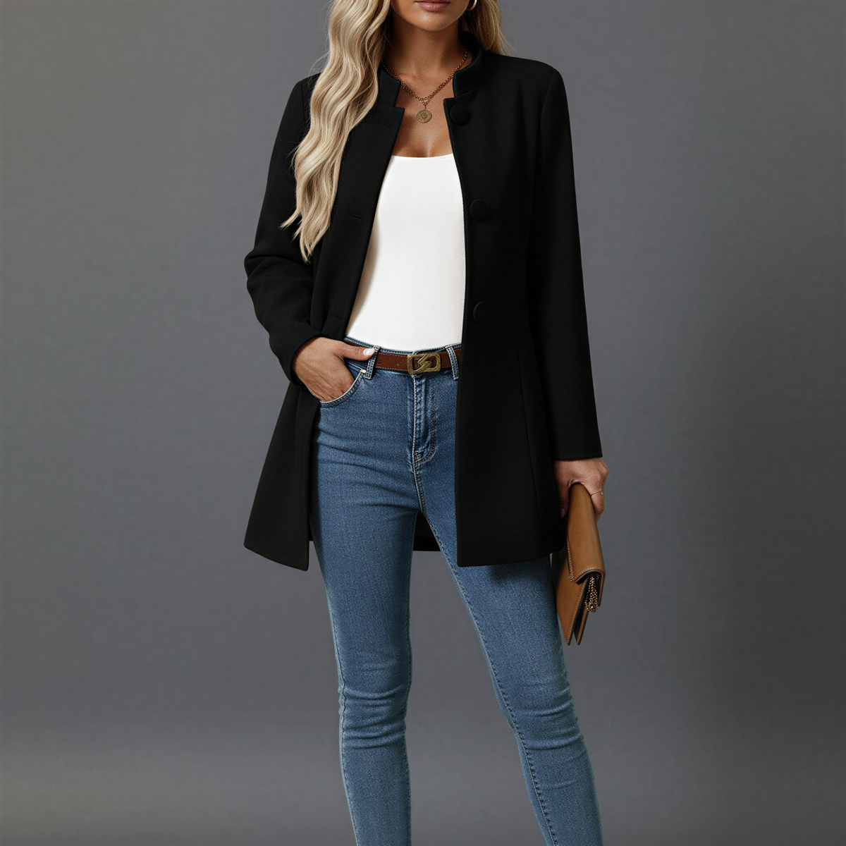 Hallie Womens Button-Down A-Line Coat with Stand Collar in Black
