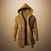 Troy | Mens Hooded Wool Blend Knit Cardigan | Marled Texture, Thick Ribbed Cuffs | Cognac, Red, Slate Grey XS-3XL