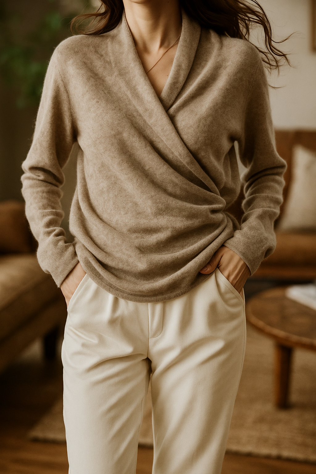 Wendy Womens V-Neck Wrap Sweater in Cashmere Knit