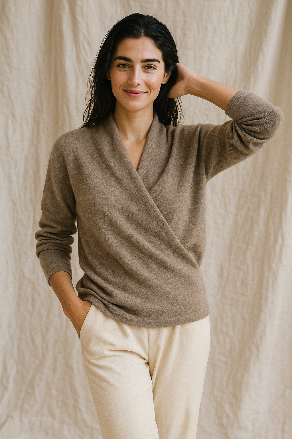 Wendy Womens V-Neck Wrap Sweater in Cashmere Knit