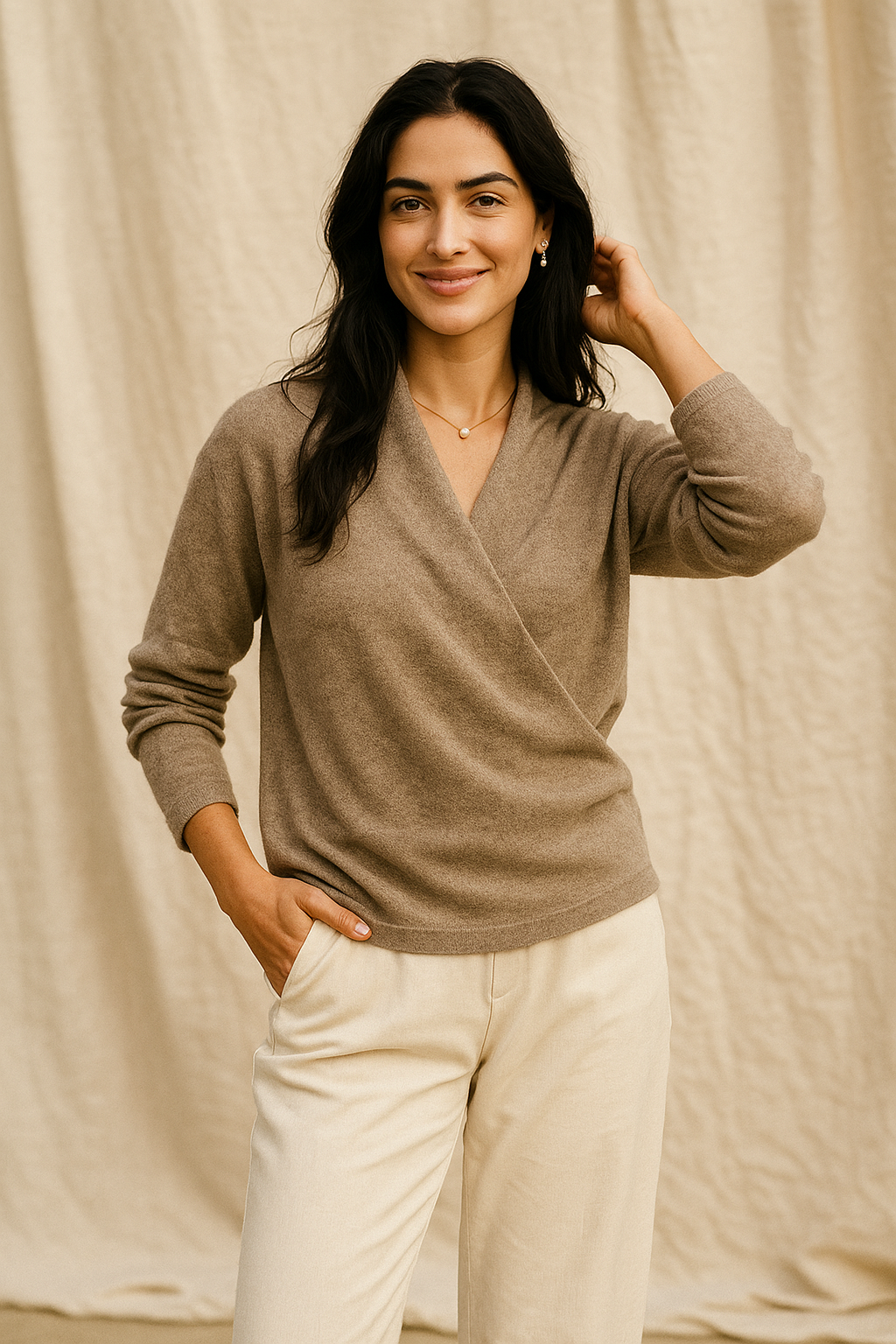 Wendy Womens V-Neck Wrap Sweater in Cashmere Knit