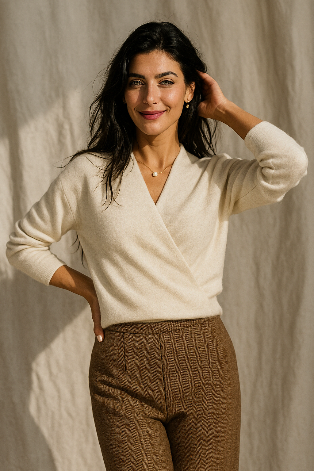 Wendy Womens V-Neck Wrap Sweater in Cashmere Knit