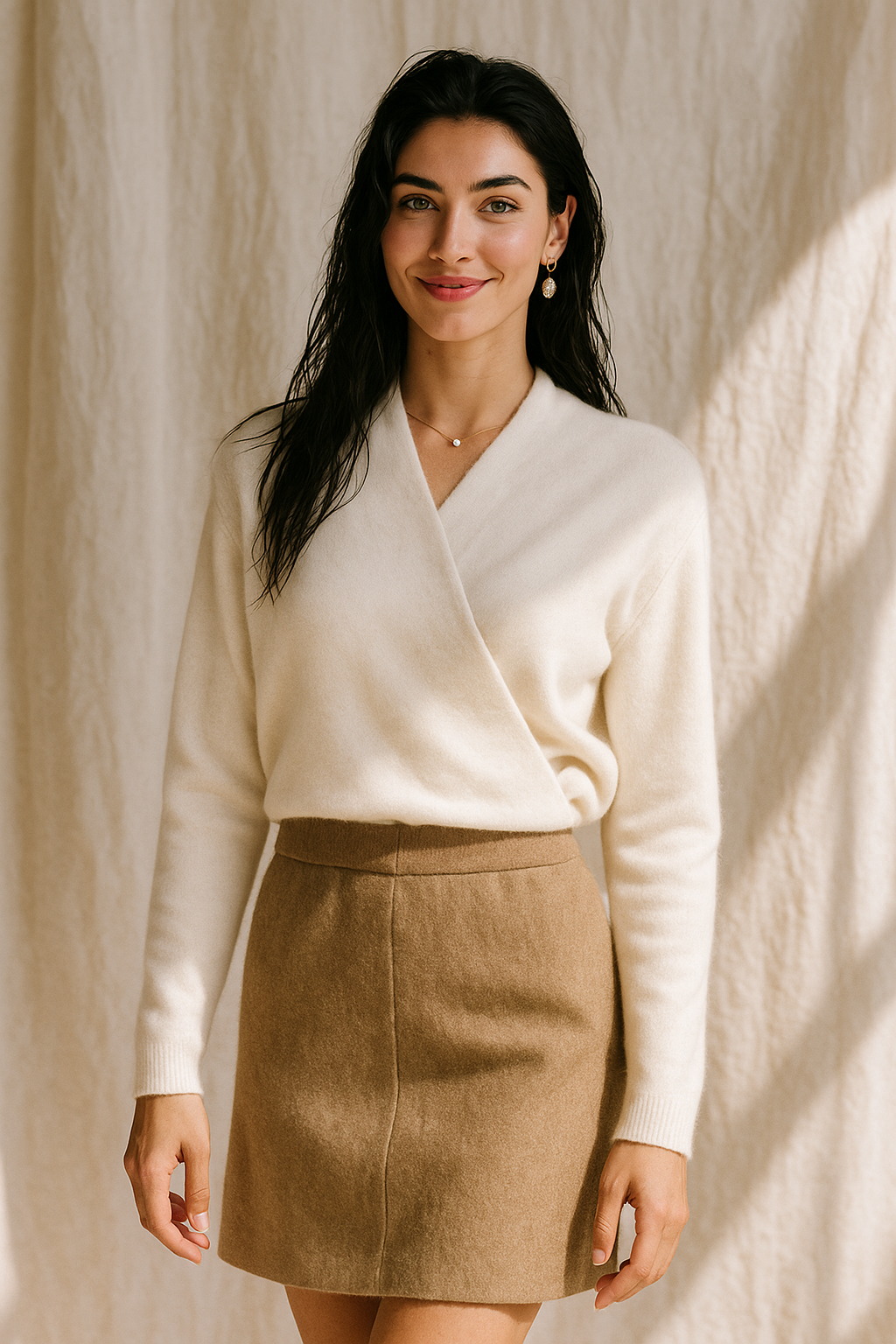 Wendy Womens V-Neck Wrap Sweater in Cashmere Knit