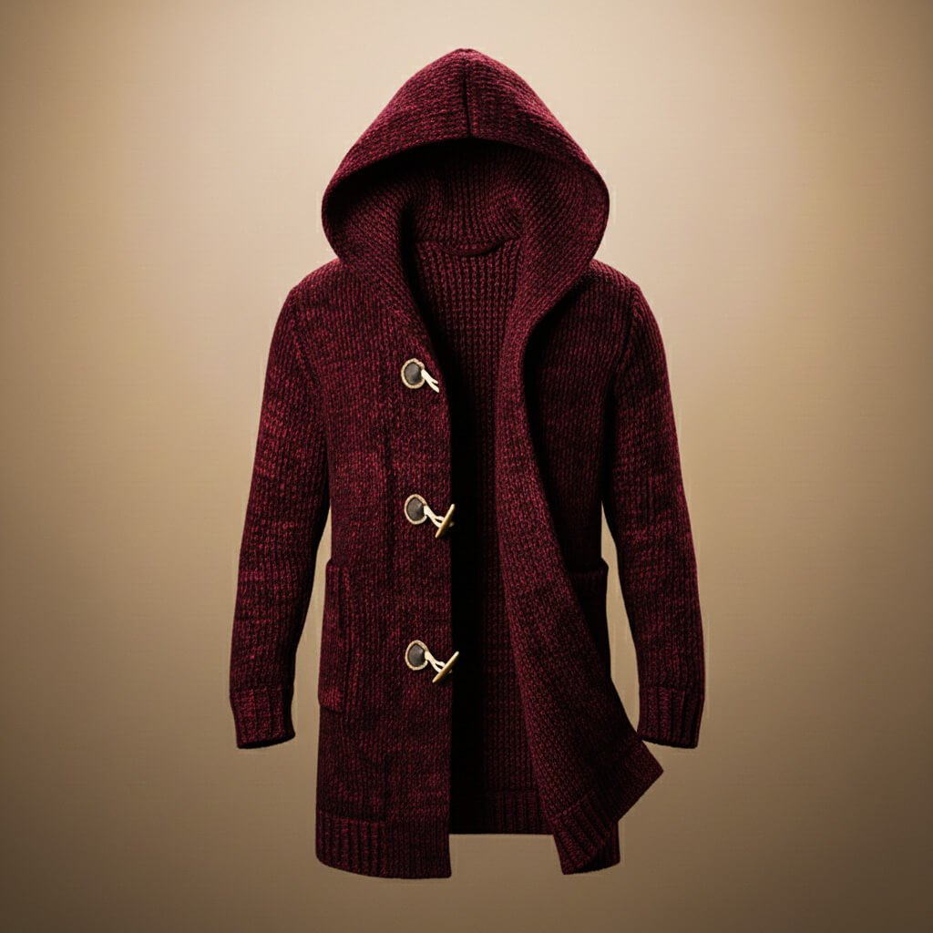 Troy Mens Hooded Wool Blend Knit Cardigan in Crimson Red