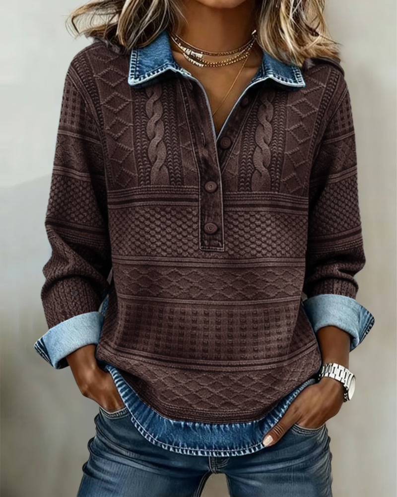 Kelli Womens Cable Knit Sweater with Collar in Brown