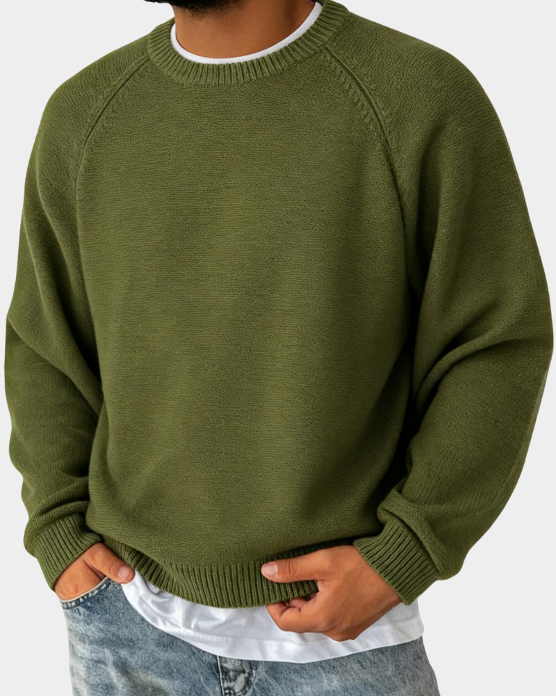 Evander Mens Crew Neck Sweater, Lightweight Layer in Army Green
