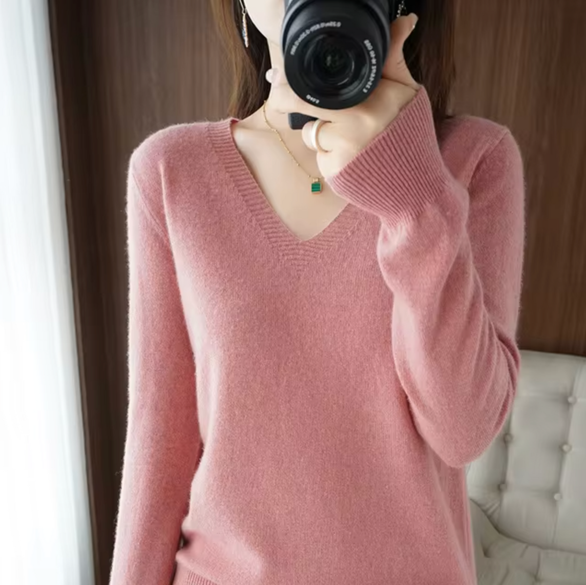 Julie Womens V-Neck Sweater with Cashmere Feel in Pink
