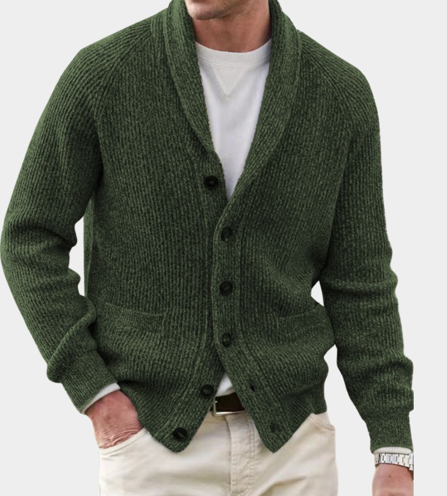 Seth Mens Shawl Collar Cardigan, Dense Knit in Army Green
