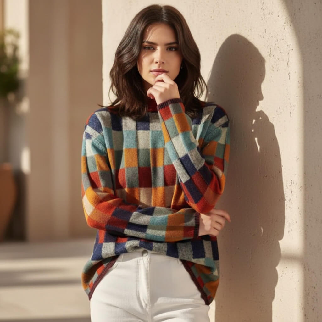 Katie Womens Checkered Merino Wool Blend Sweater