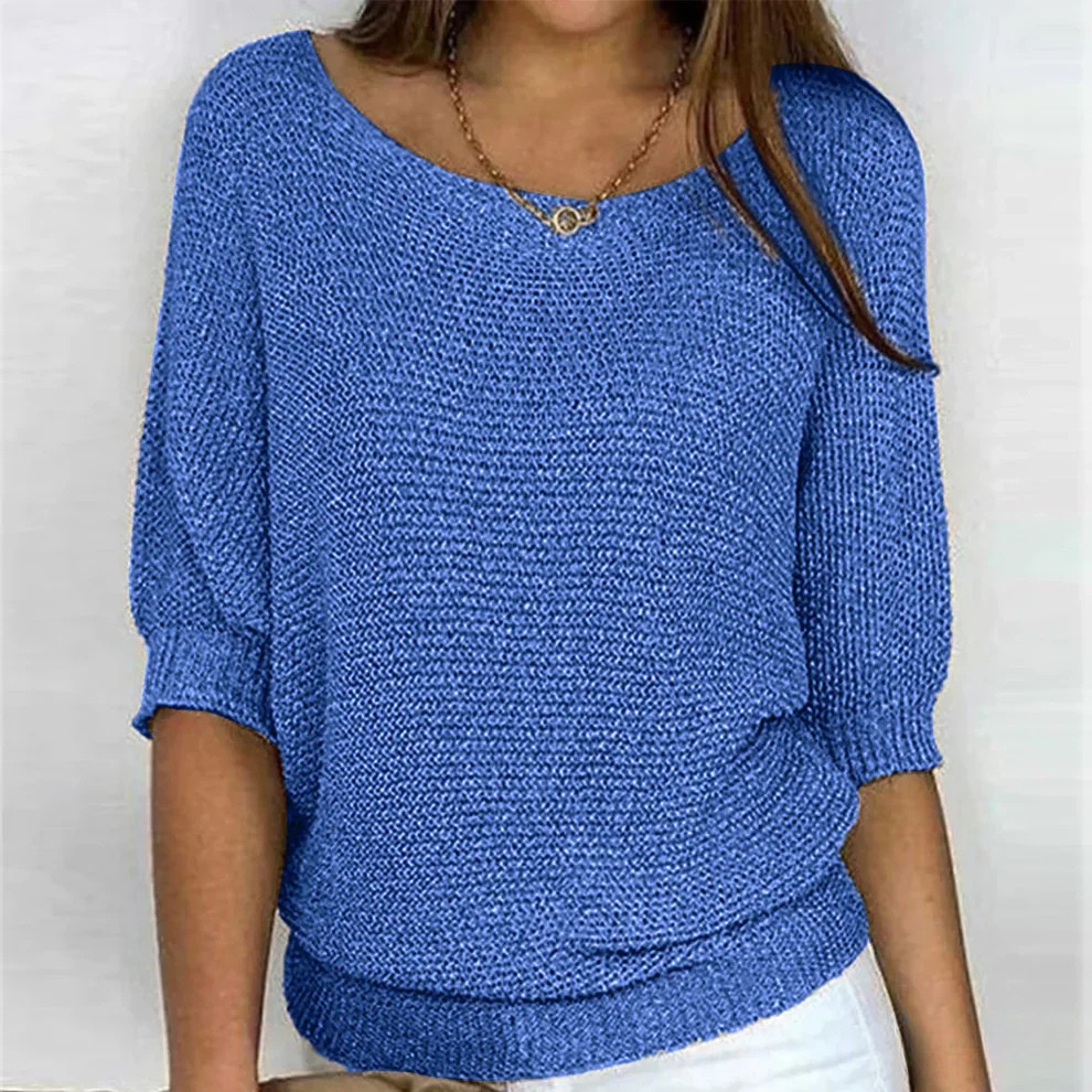 Euna Womens Soft Knit Sweater, Relaxed Comfort in Blue