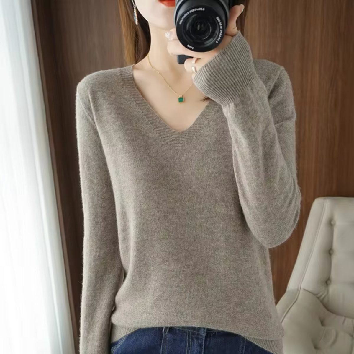 Julie Womens V-Neck Sweater with Cashmere Feel in Light Brown