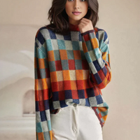 Holly | Womens Cashmere Sweater with Block Check | Mock Neck, Extended Ribbed Cuffs, Relaxed Fit | Orange S-3XL