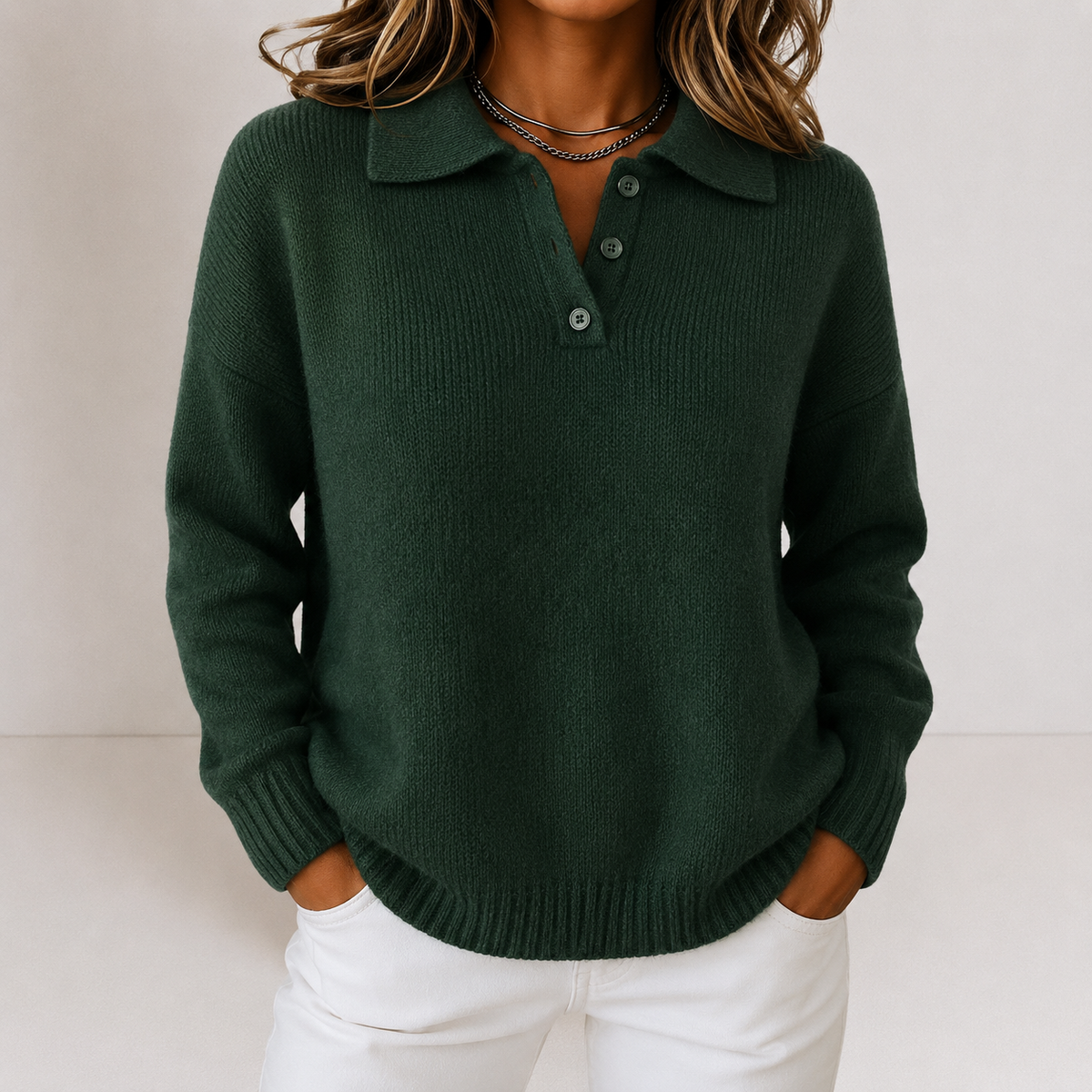 Tonya Womens Knit Sweater with Polo Collar and Button Placket in Green