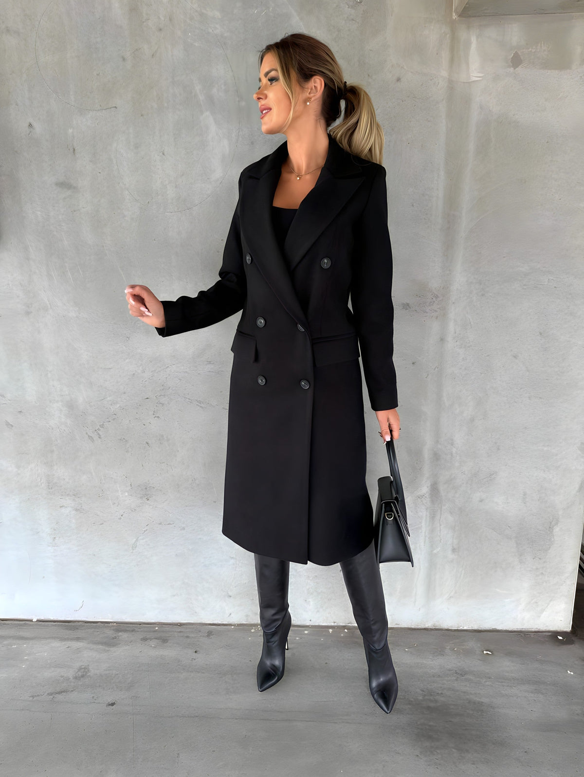 Heidi Womens Double-Breasted Long Coat with Wide Lapels in Black