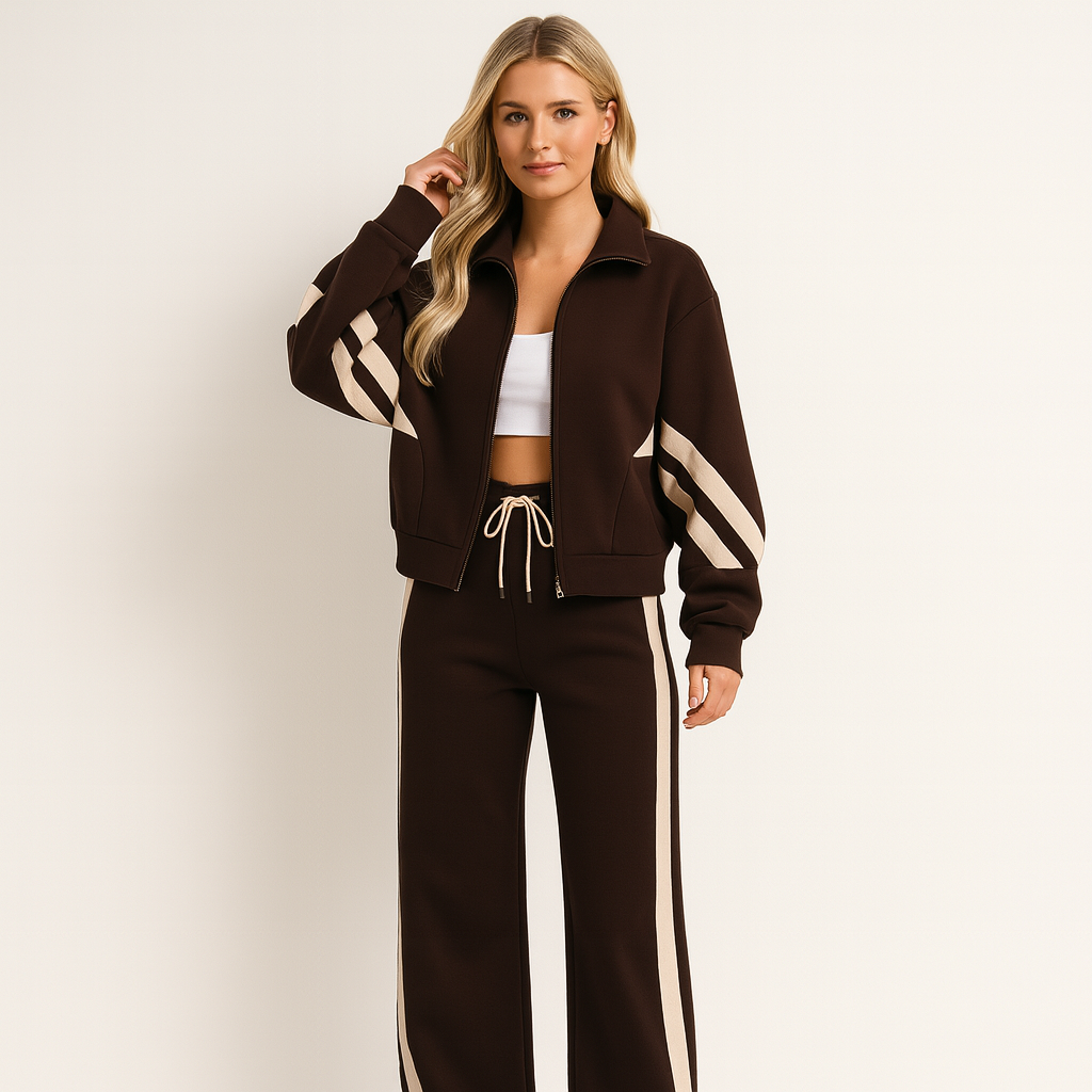 Audrey Womens Tracksuit Set with Wide Leg Pants and Zip Jacket in Brown