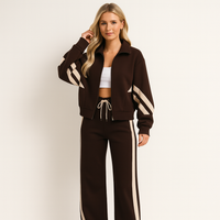 Audrey | Womens Tracksuit Set with Wide Leg Pants and Zip Jacket | Side Stripe | Brown, Black, Grey and More S-3XL