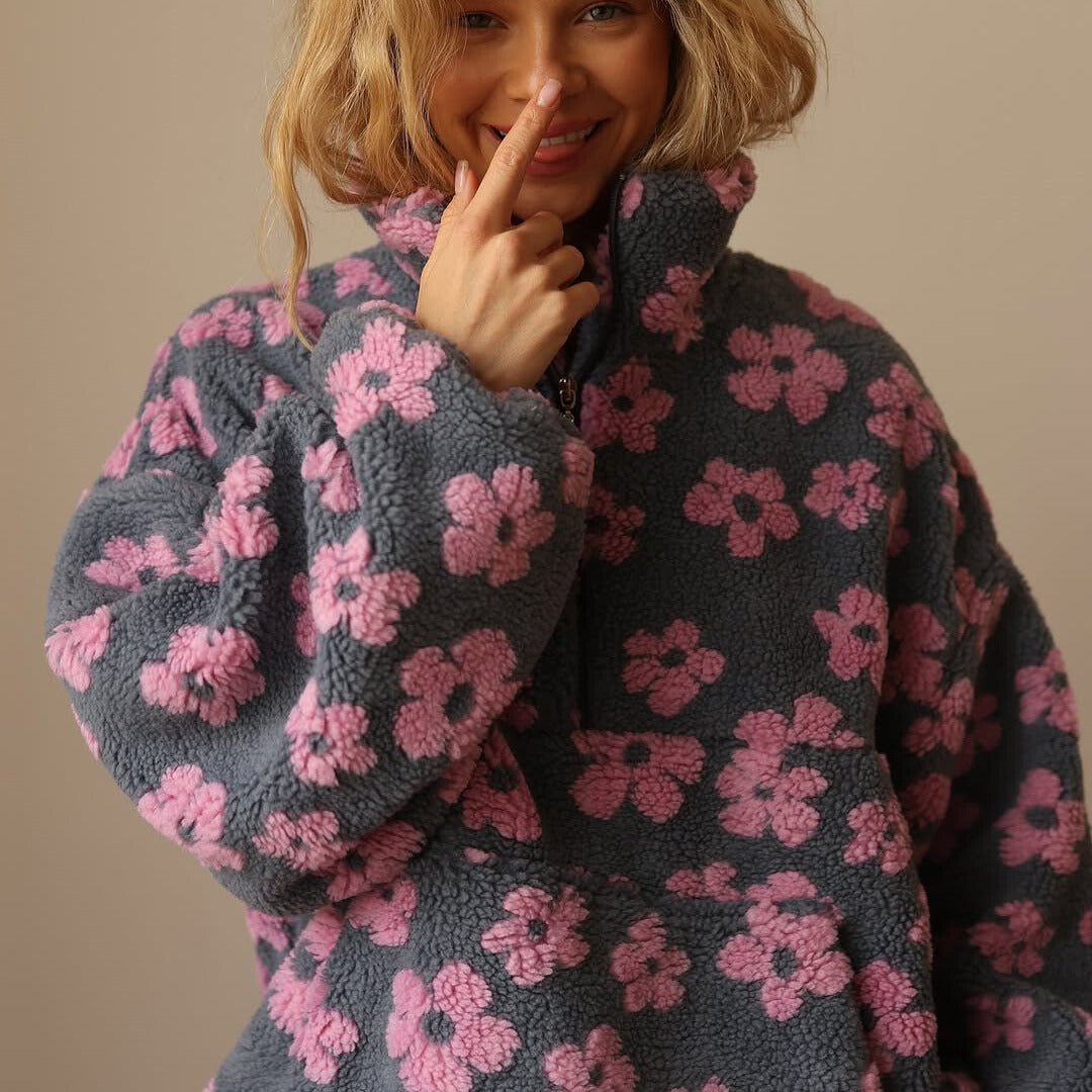 Kendra Womens Floral Teddy Fleece Jacket with Half Zip