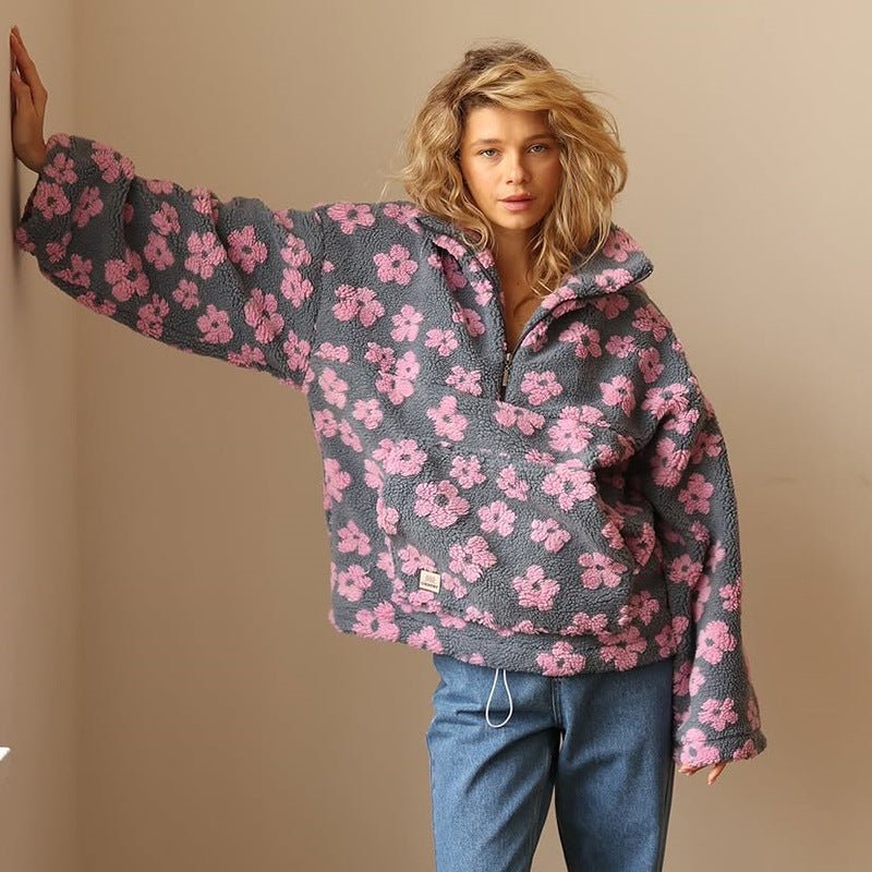 Kendra Womens Floral Teddy Fleece Jacket with Half Zip in Pink