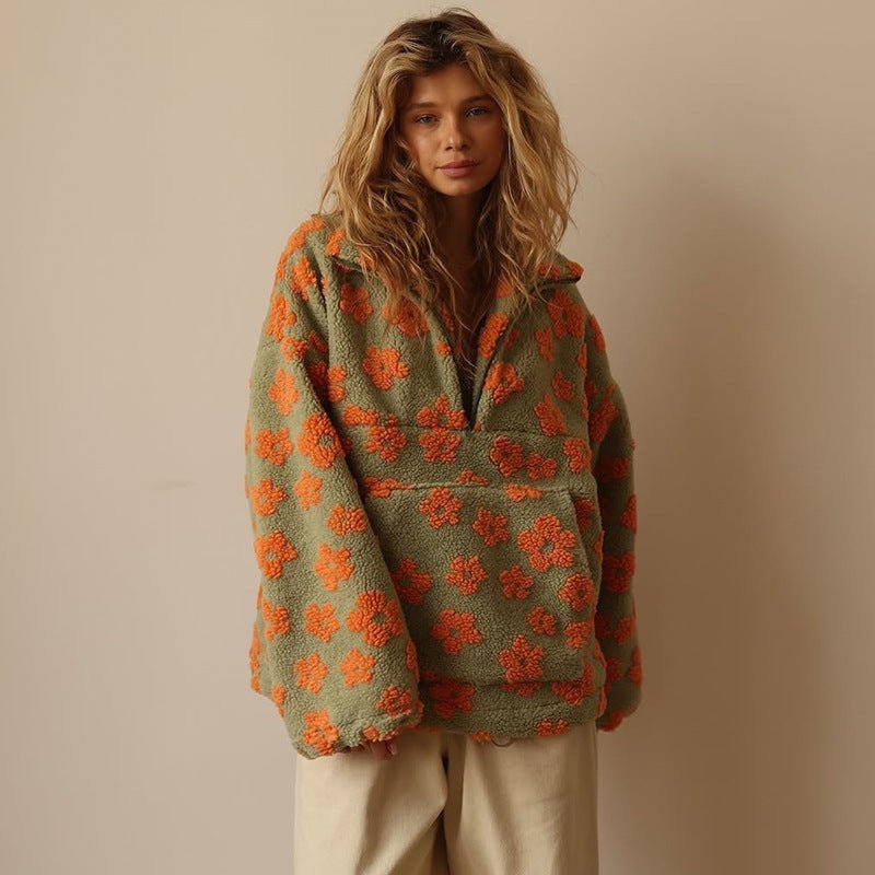 Kendra Womens Floral Teddy Fleece Jacket with Half Zip in Orange