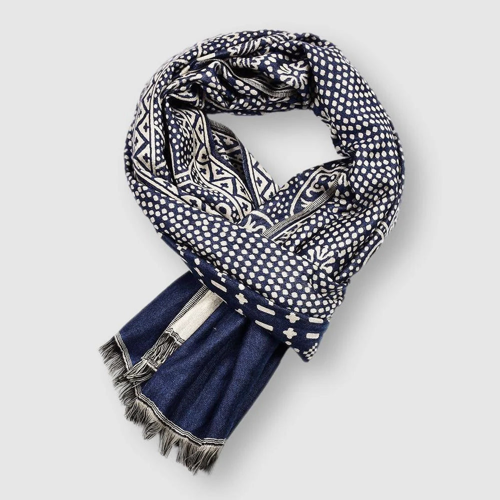 François Mens Cotton Blend Scarf with Pattern in Blue