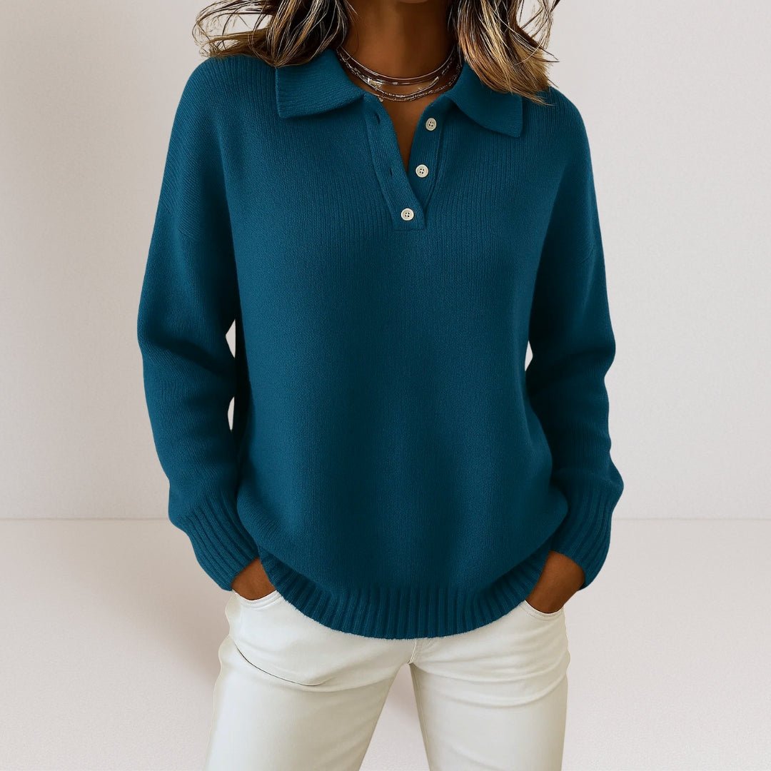 Tonya Womens Knit Sweater with Polo Collar and Button Placket in Navy