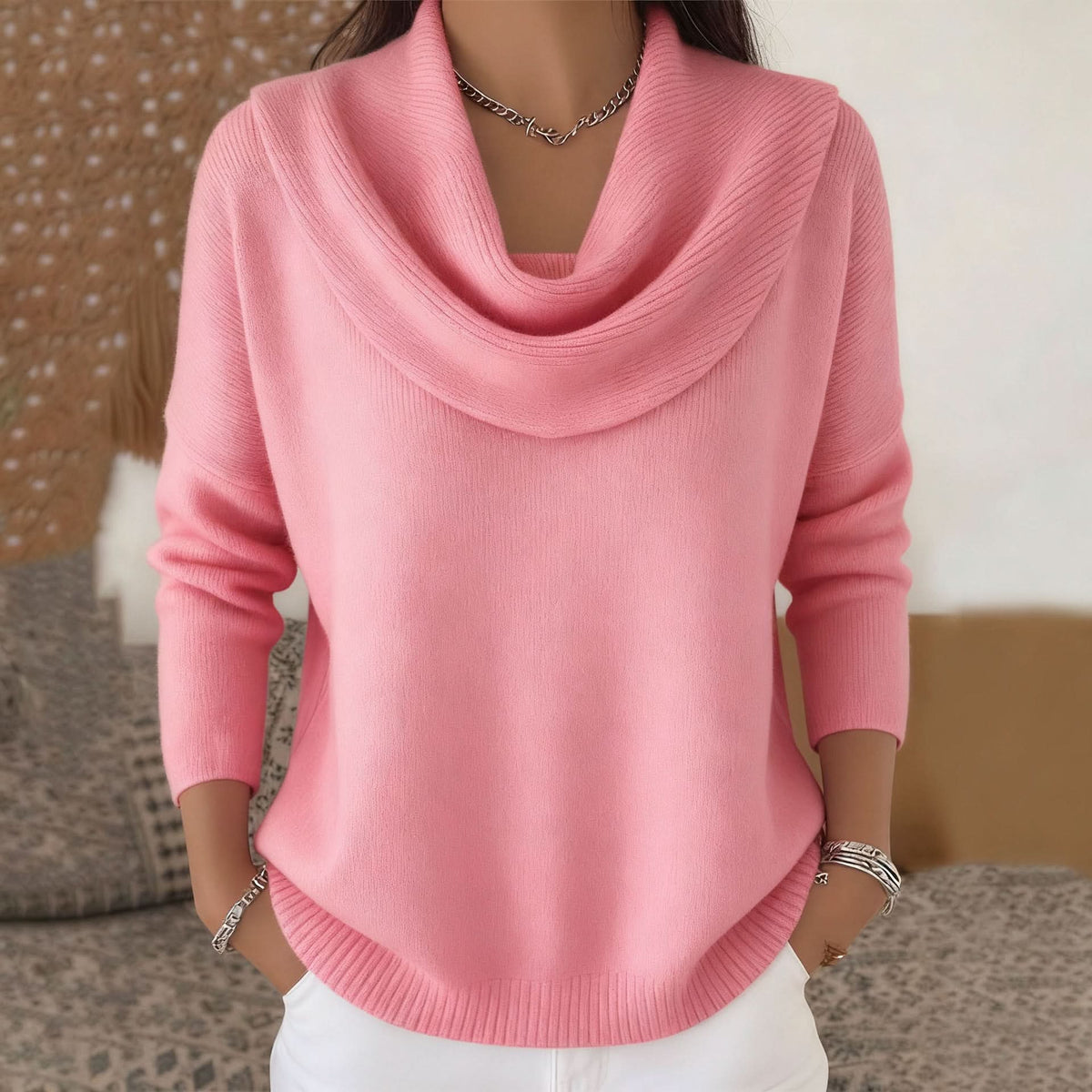 Tasha Womens Cowl Neck Cotton Sweater in Pink