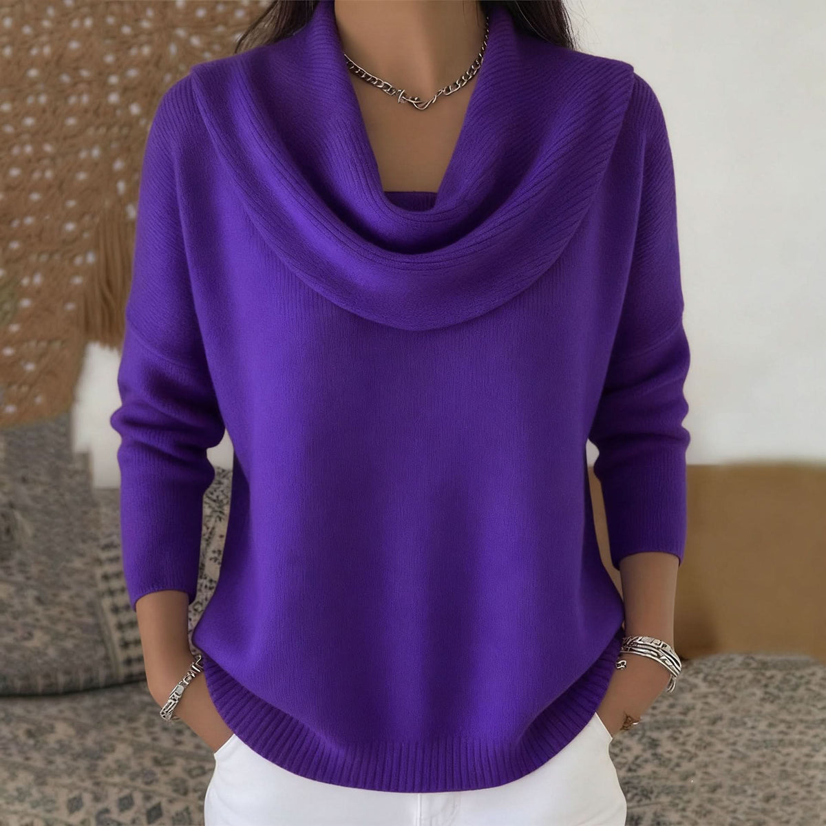 Tasha Womens Cowl Neck Cotton Sweater in Purple