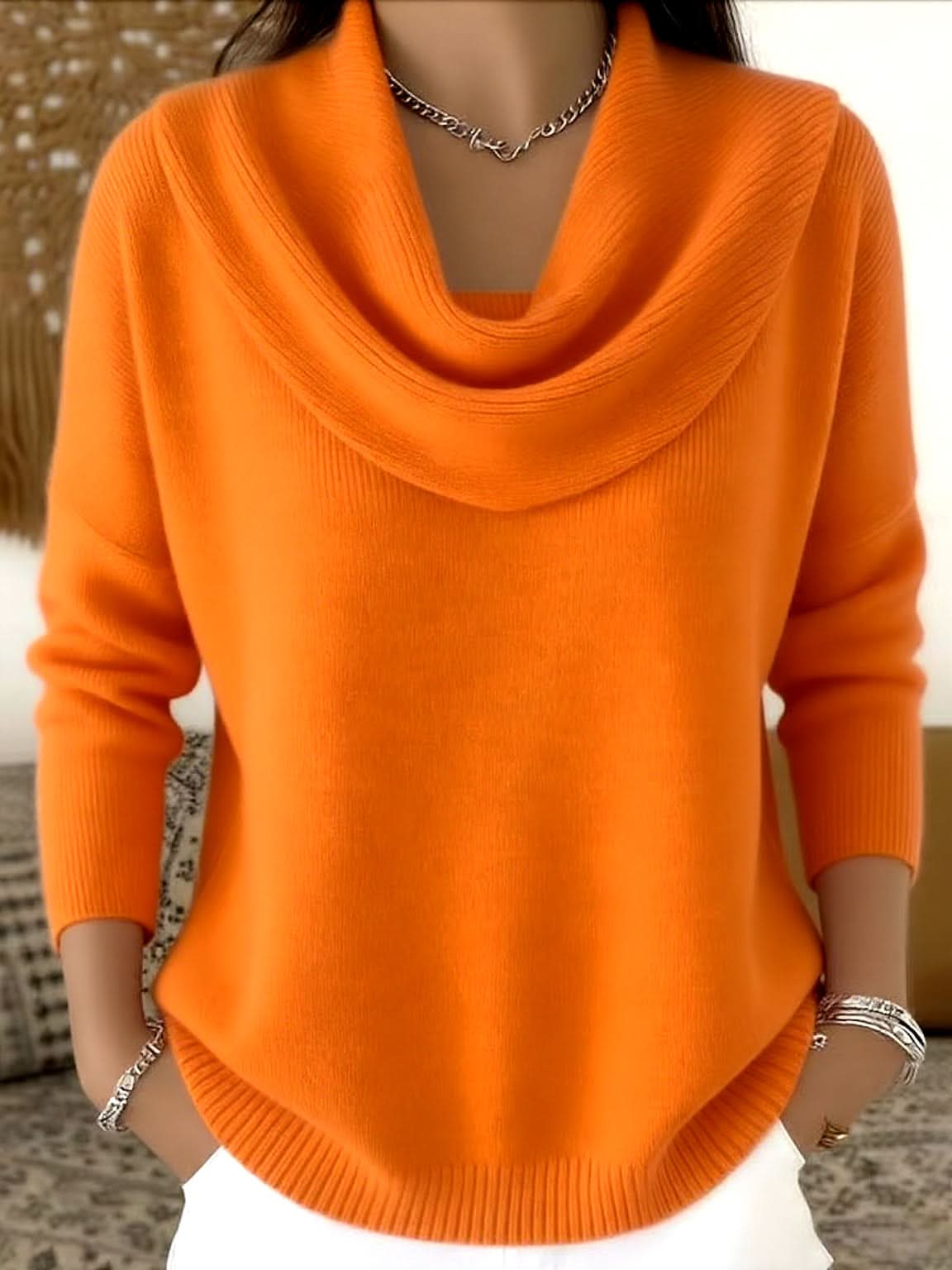 Tasha Womens Cowl Neck Cotton Sweater in Orange