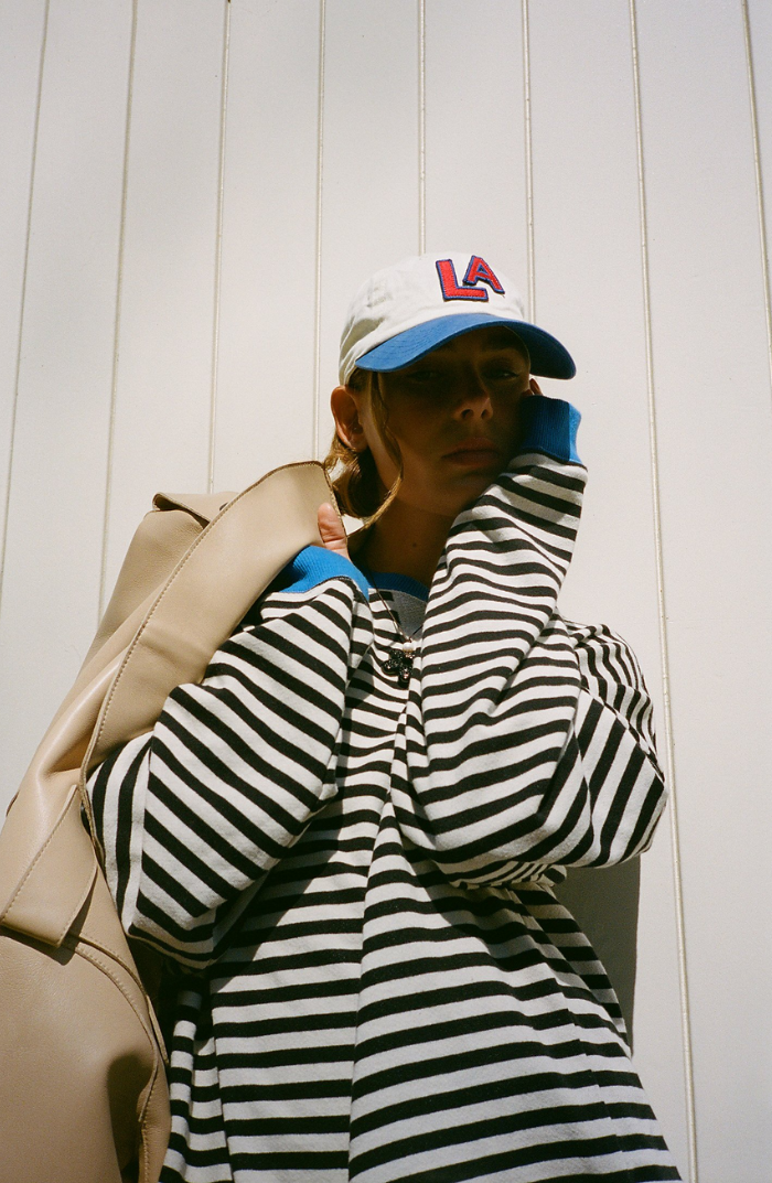 Crystal Womens Oversized Striped Sweatshirt with Neon Trim in Blue and Black