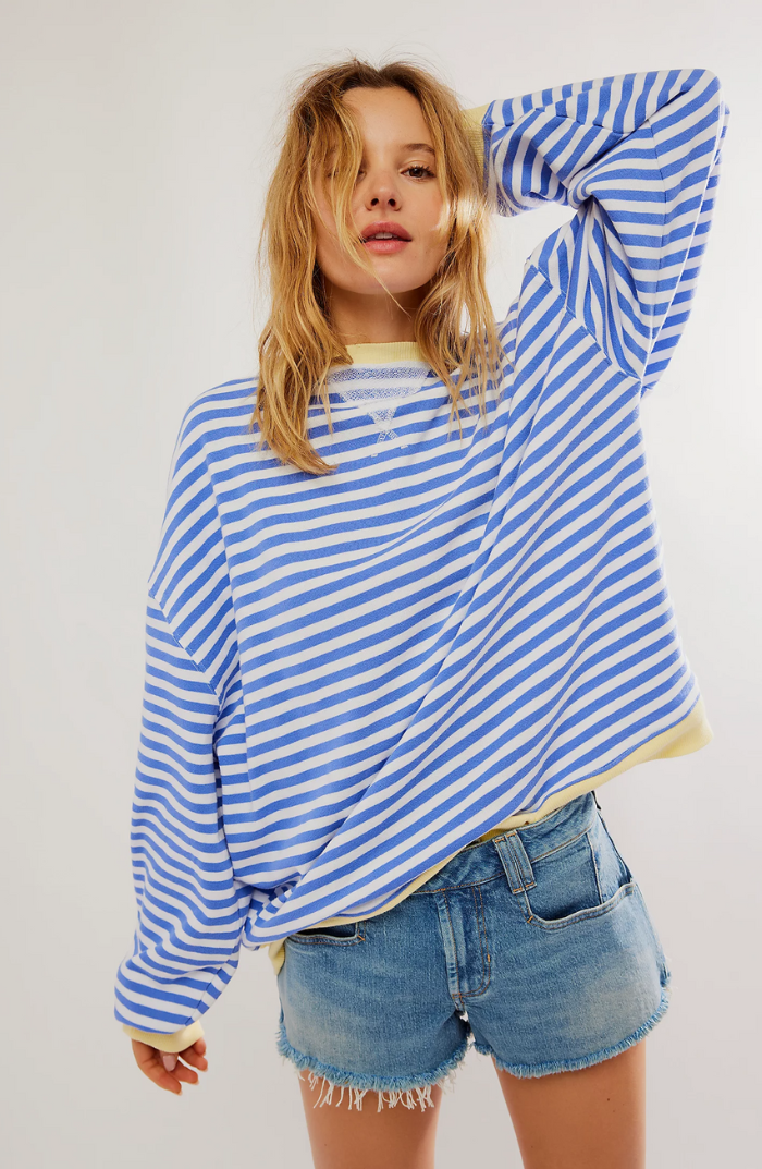 Crystal Womens Oversized Striped Sweatshirt with Neon Trim in Sky Blue