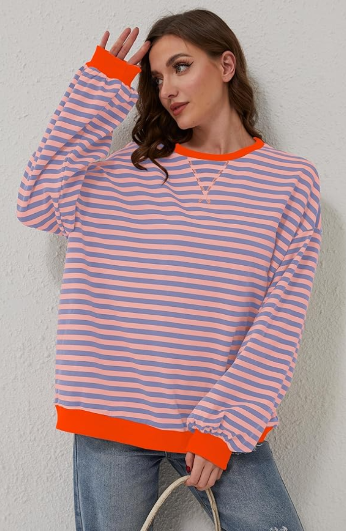 Crystal Womens Oversized Striped Sweatshirt with Neon Trim in Orange and Blue