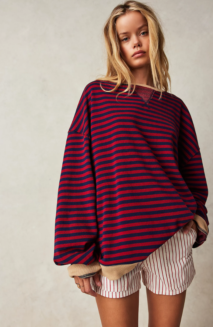 Crystal Womens Oversized Striped Sweatshirt with Neon Trim in Black and Red