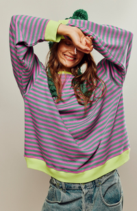 Crystal | Womens Oversized Striped Sweatshirt with Neon Trim | Drop Shoulders, Boxy Fit | 6 Colour Combos S-2XL