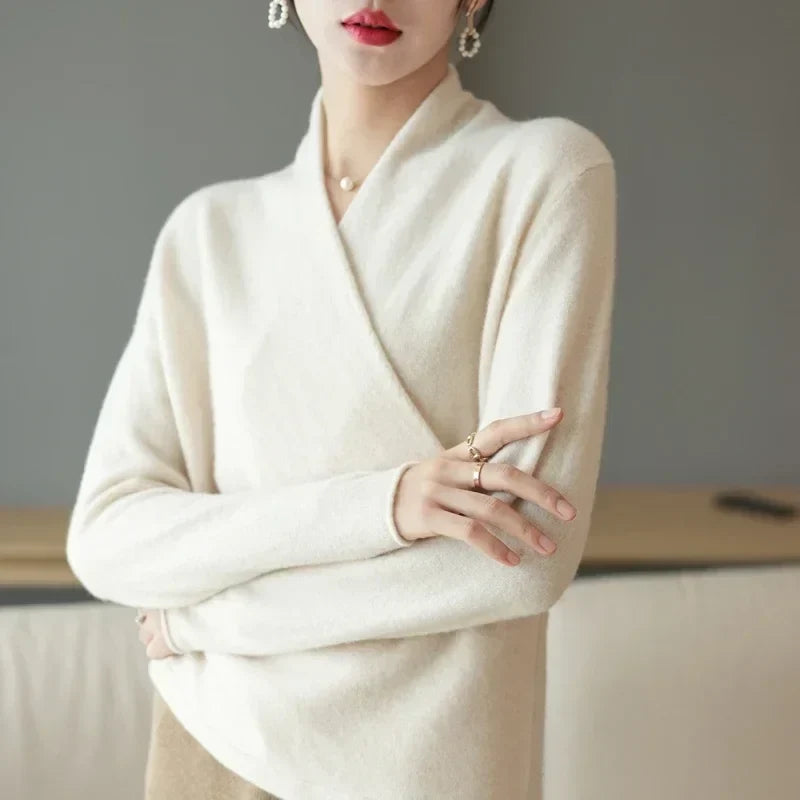 Wendy Womens V-Neck Wrap Sweater in Cashmere Knit