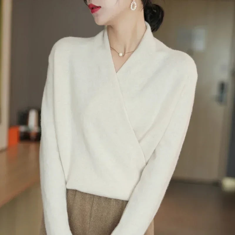 Wendy Womens V-Neck Wrap Sweater in Cashmere Knit