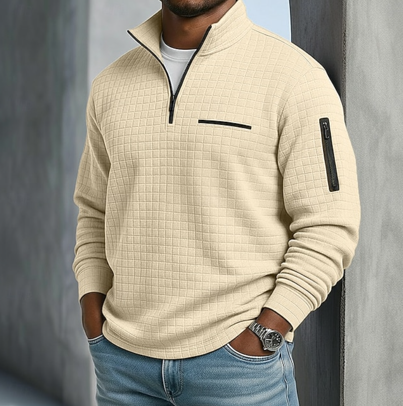 Chad Mens Quarter-Zip Waffle Sweater in Beige