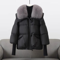Valentina | Womens Long Puffer Jacket with Fur Collar | Extra-Long Sleeves, Silk Cotton Filling | Black, White or Brown S-XXL