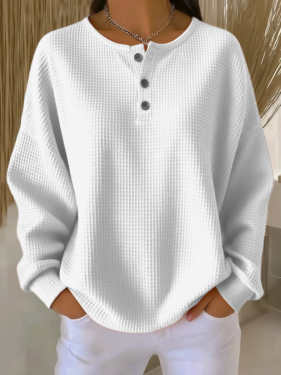 Morgan Womens Waffle Knit Henley Sweatshirt in White