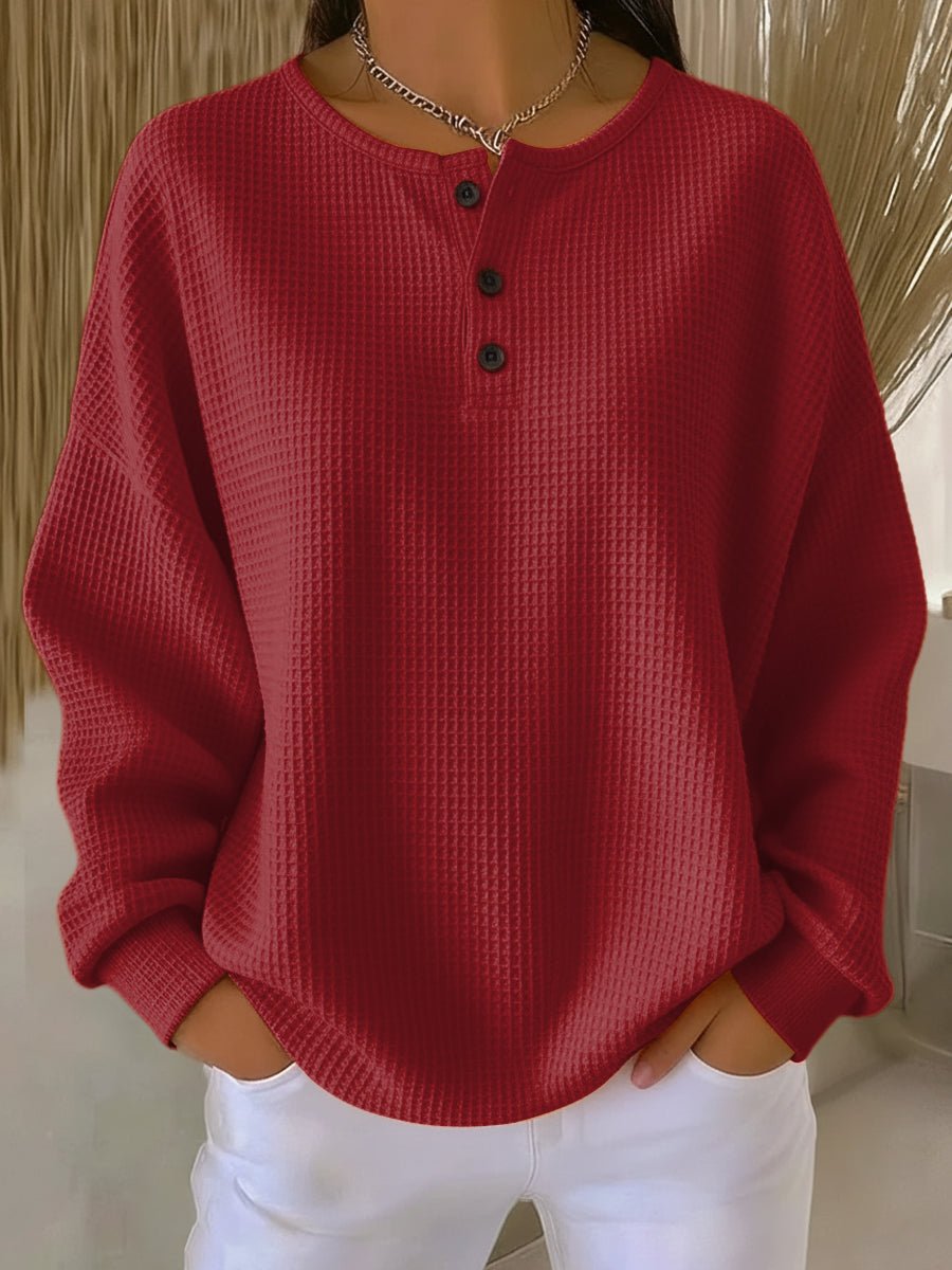 Morgan Womens Waffle Knit Henley Sweatshirt in Red