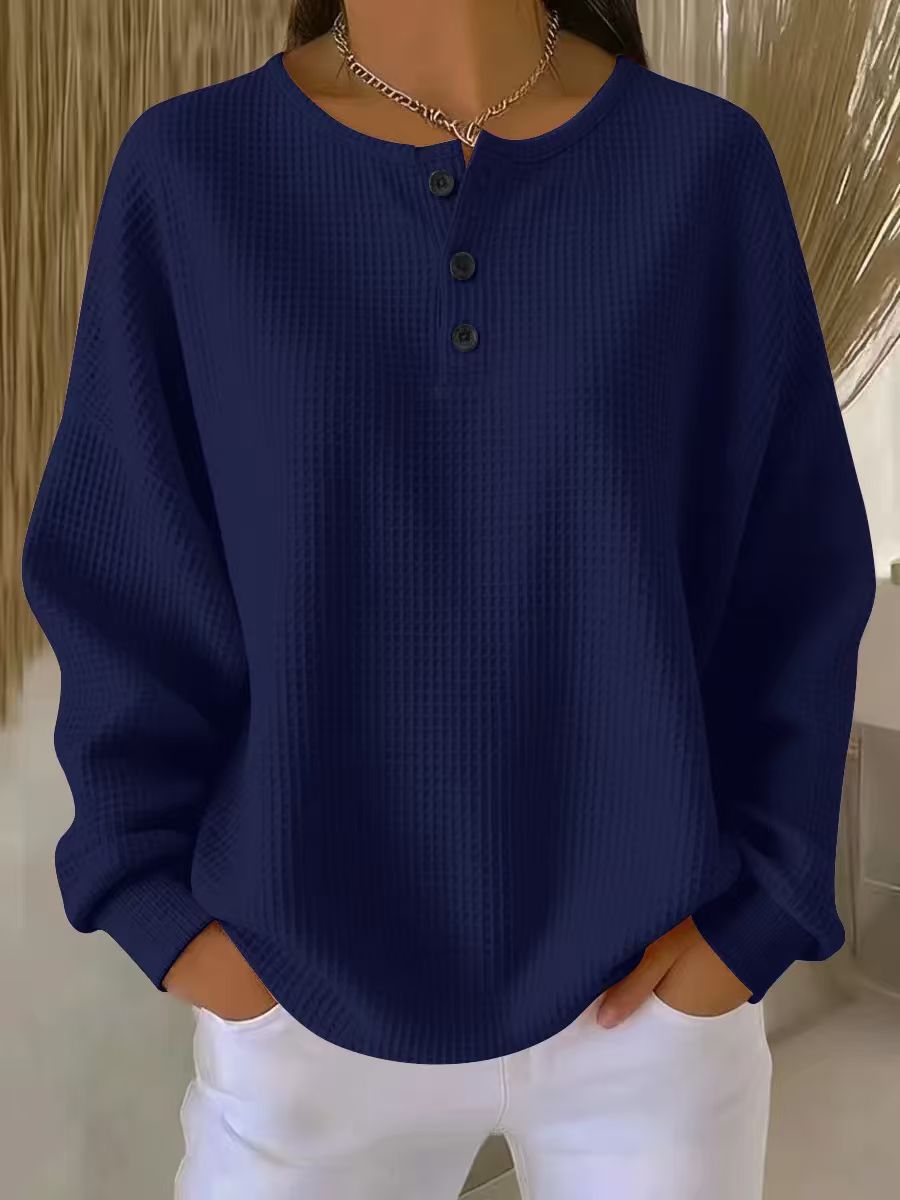Morgan Womens Waffle Knit Henley Sweatshirt in Navy